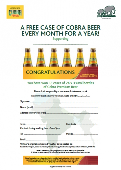 Your prize winner will receive an official certificate in order redeem their 12 cases of Cobra beer.